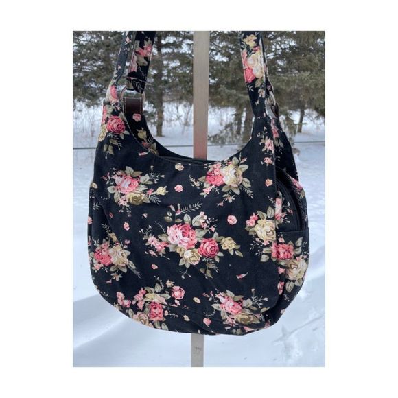 90s Grunge Floral Hobo Bag Canvas Lined Pockets - Picture 2 of 5